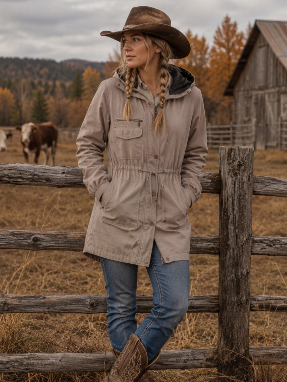 Vtg Gallery tan hooded zip front anorak utility Chore Coat long jacket sz XS - Picture 13 of 13